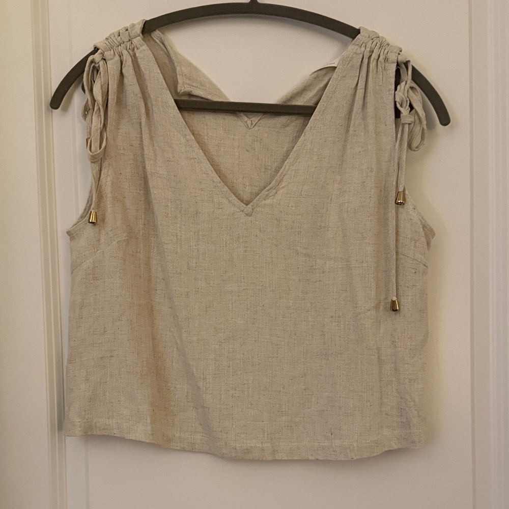 Beige Sleeveless Linen Blouse with Tie Straps